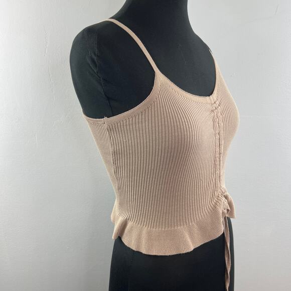 Thinkable Beige Cropped Cami Top Knit Tie Front Ribbed Strap Ruffle Hem XS? - Picture 5 of 9